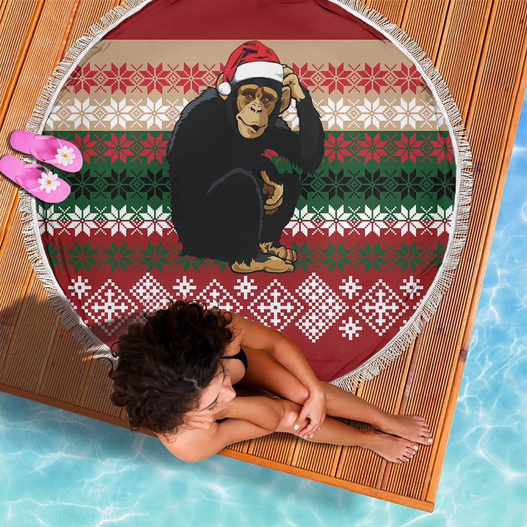 Chimpanzee Christmas Beach Blanket Chimpanzee Wearing Santa Hat - Red Green Snowflake - Wonder Print Shop