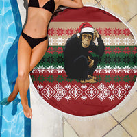 Chimpanzee Christmas Beach Blanket Chimpanzee Wearing Santa Hat - Red Green Snowflake - Wonder Print Shop