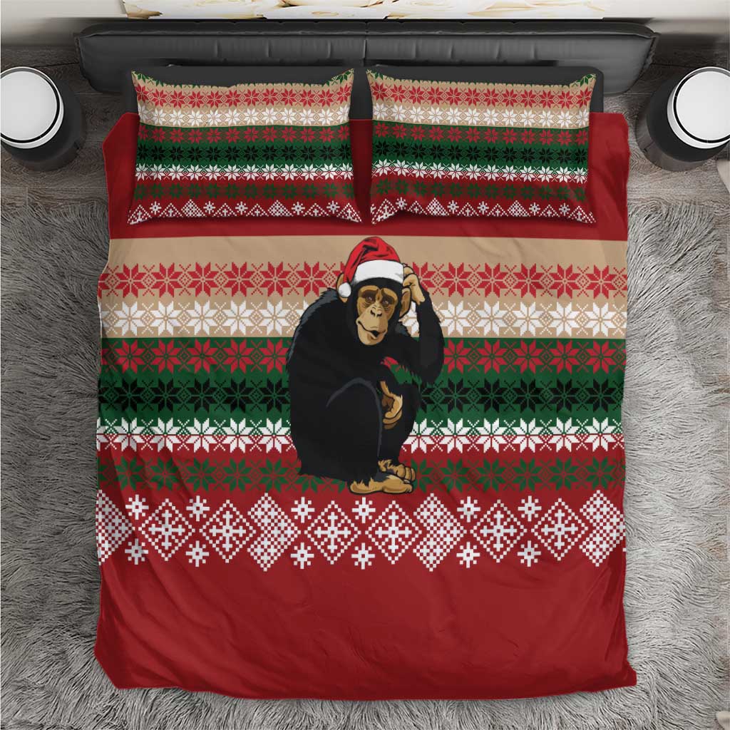 Chimpanzee Christmas Bedding Set Chimpanzee Wearing Santa Hat - Red Green Snowflake - Wonder Print Shop