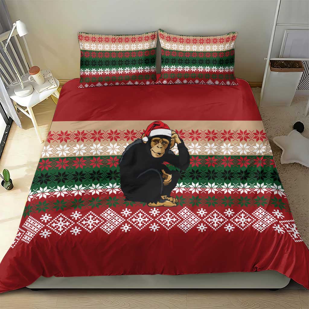 Chimpanzee Christmas Bedding Set Chimpanzee Wearing Santa Hat - Red Green Snowflake - Wonder Print Shop