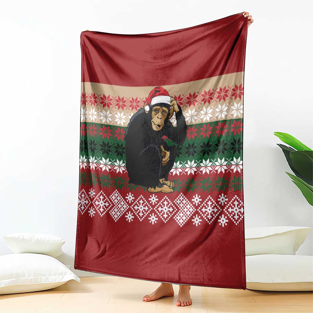 Chimpanzee Christmas Blanket Chimpanzee Wearing Santa Hat - Red Green Snowflake - Wonder Print Shop