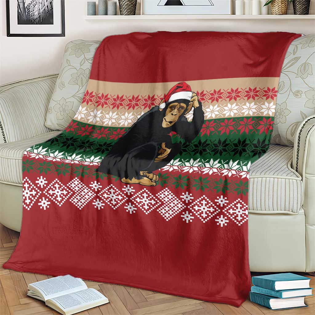 Chimpanzee Christmas Blanket Chimpanzee Wearing Santa Hat - Red Green Snowflake - Wonder Print Shop