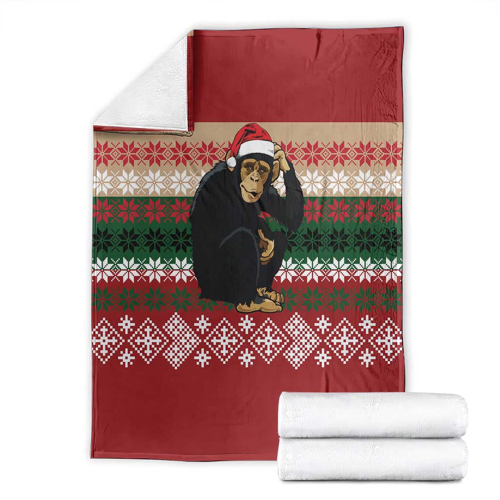 Chimpanzee Christmas Blanket Chimpanzee Wearing Santa Hat - Red Green Snowflake - Wonder Print Shop