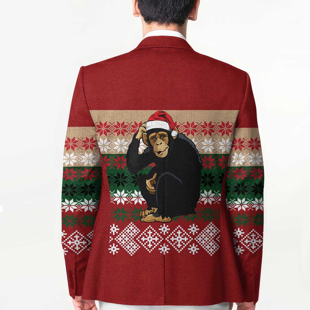 Chimpanzee Christmas Blazer Chimpanzee Wearing Santa Hat - Red Green Snowflake - Wonder Print Shop
