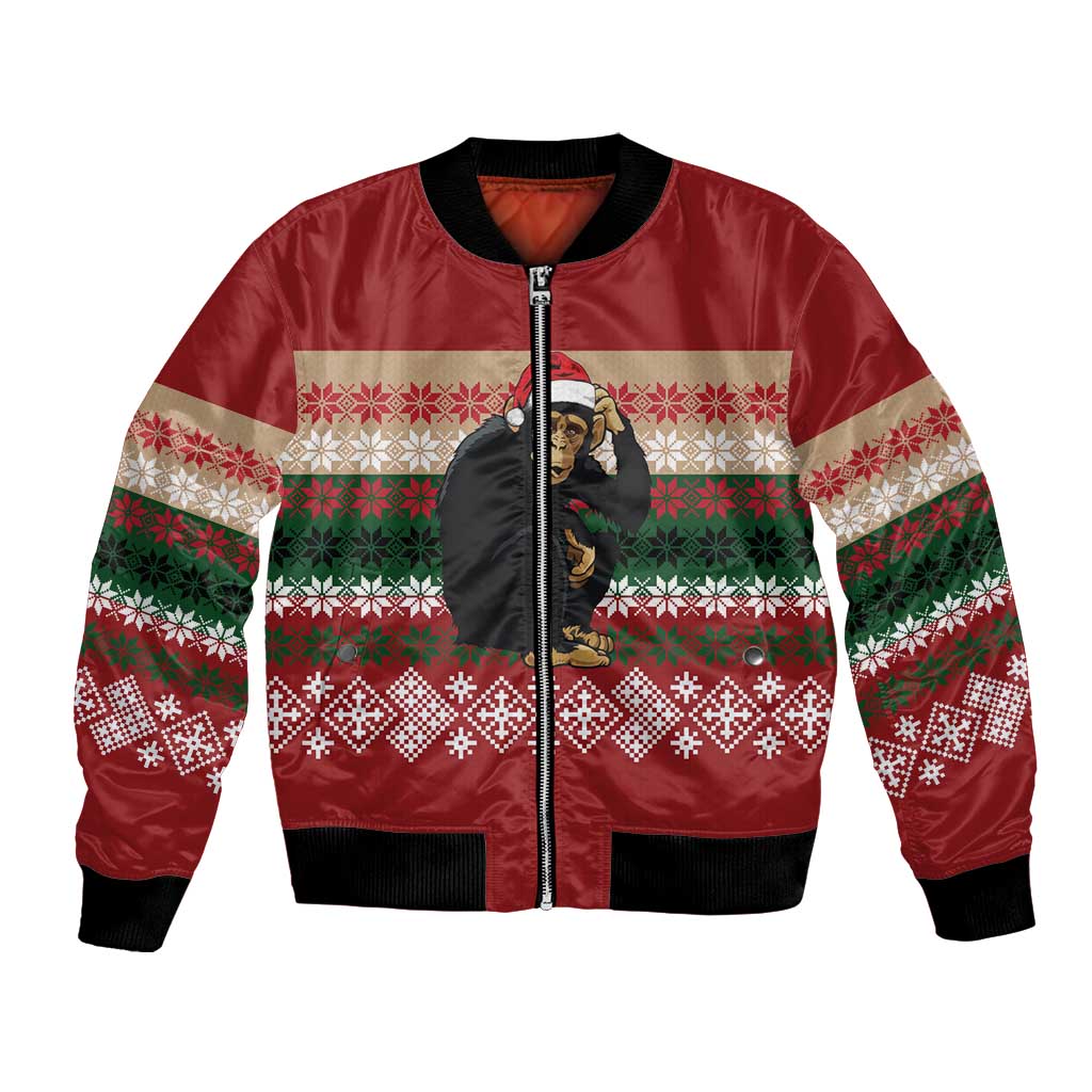 Chimpanzee Christmas Bomber Jacket Chimpanzee Wearing Santa Hat - Red Green Snowflake - Wonder Print Shop
