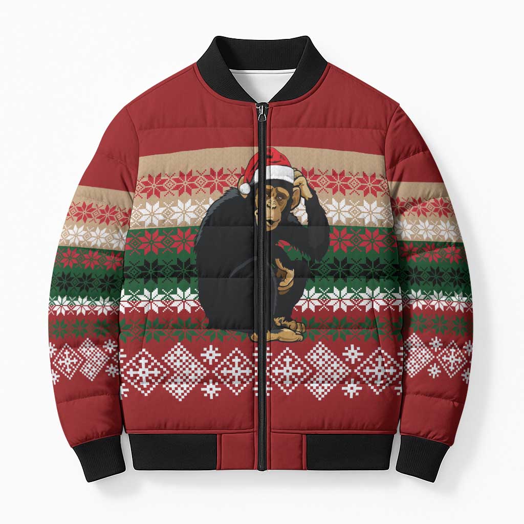 Chimpanzee Christmas Bomber Puffer Jacket Chimpanzee Wearing Santa Hat - Red Green Snowflake - Wonder Print Shop