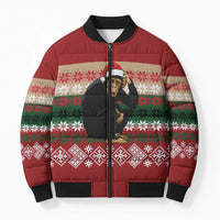 Chimpanzee Christmas Bomber Puffer Jacket Chimpanzee Wearing Santa Hat - Red Green Snowflake - Wonder Print Shop