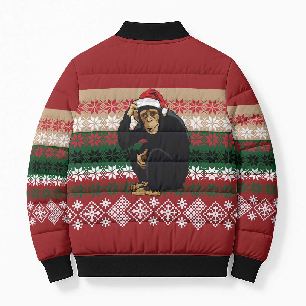 Chimpanzee Christmas Bomber Puffer Jacket Chimpanzee Wearing Santa Hat - Red Green Snowflake - Wonder Print Shop