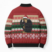 Chimpanzee Christmas Bomber Puffer Jacket Chimpanzee Wearing Santa Hat - Red Green Snowflake - Wonder Print Shop