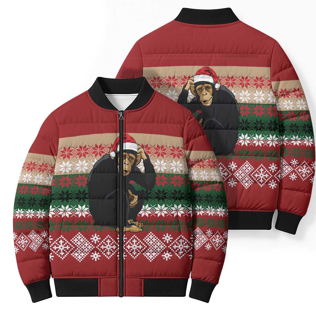 Chimpanzee Christmas Bomber Puffer Jacket Chimpanzee Wearing Santa Hat - Red Green Snowflake - Wonder Print Shop