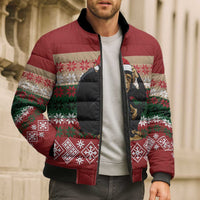 Chimpanzee Christmas Bomber Puffer Jacket Chimpanzee Wearing Santa Hat - Red Green Snowflake - Wonder Print Shop