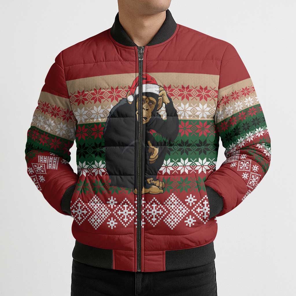 Chimpanzee Christmas Bomber Puffer Jacket Chimpanzee Wearing Santa Hat - Red Green Snowflake - Wonder Print Shop