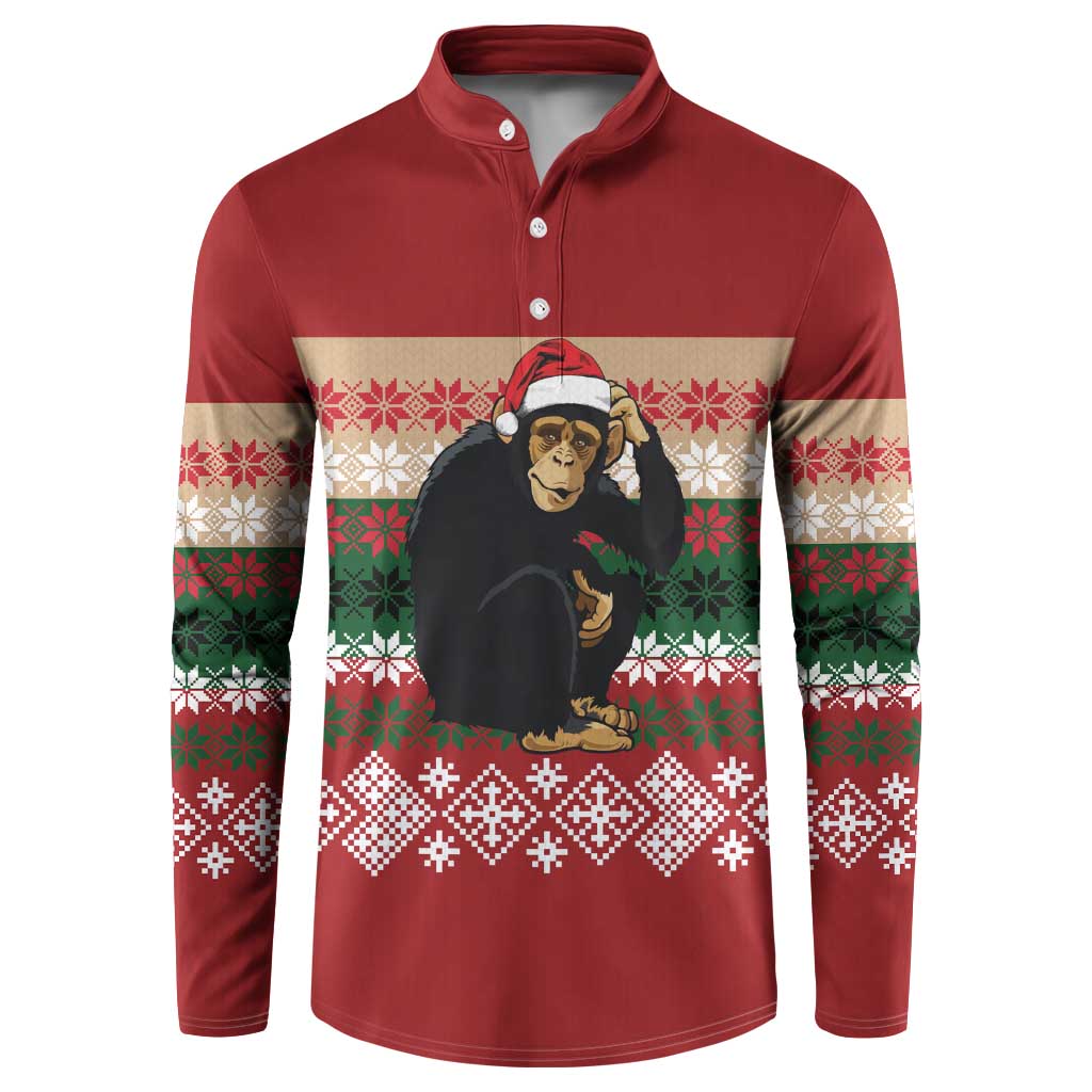 Chimpanzee Christmas Button Sweatshirt Chimpanzee Wearing Santa Hat - Red Green Snowflake - Wonder Print Shop