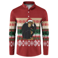 Chimpanzee Christmas Button Sweatshirt Chimpanzee Wearing Santa Hat - Red Green Snowflake - Wonder Print Shop