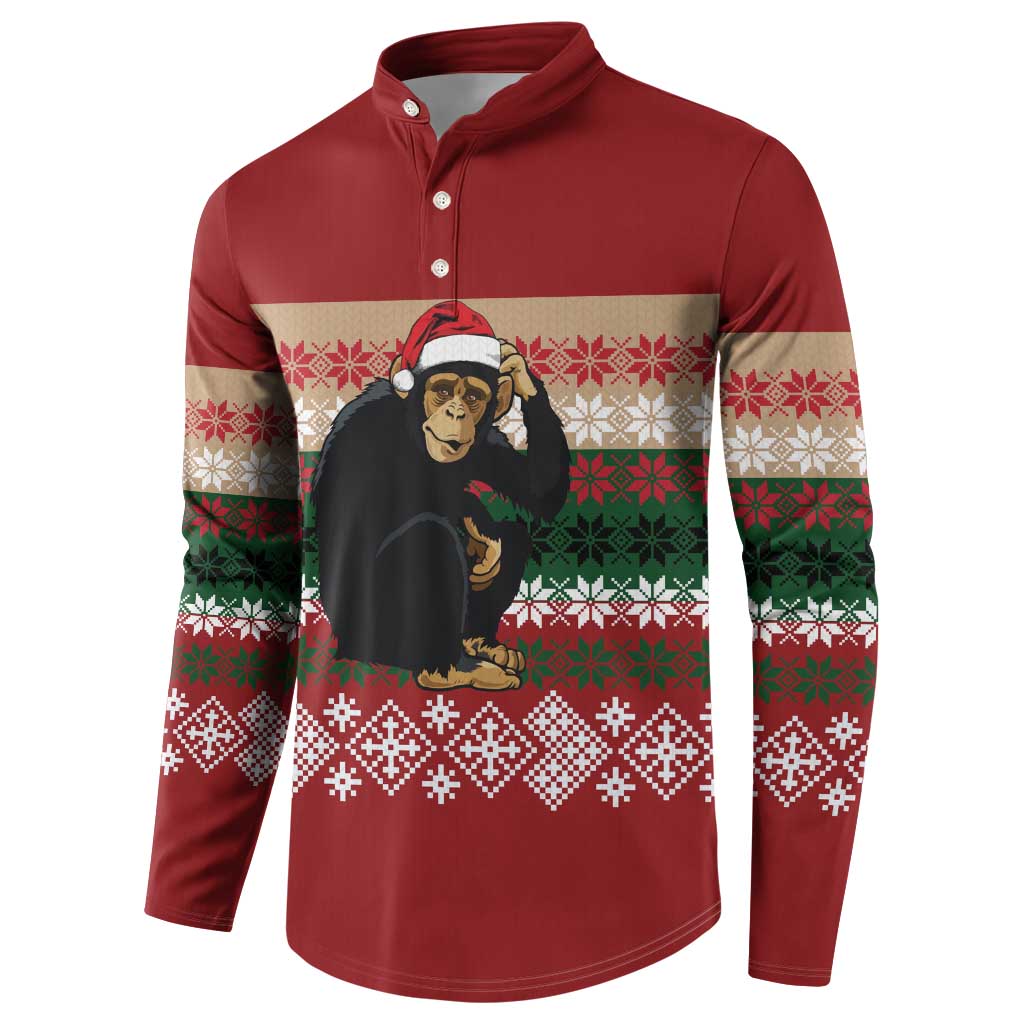 Chimpanzee Christmas Button Sweatshirt Chimpanzee Wearing Santa Hat - Red Green Snowflake - Wonder Print Shop