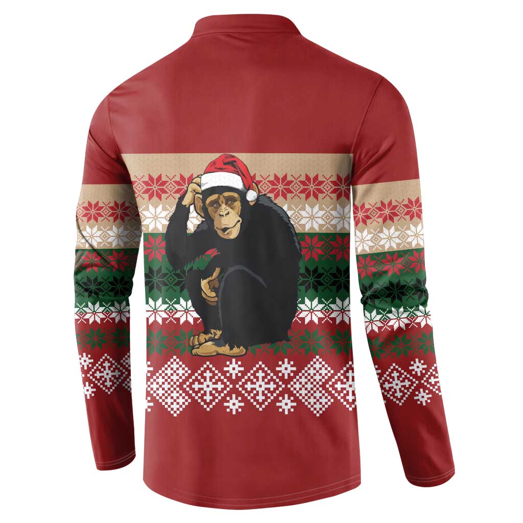 Chimpanzee Christmas Button Sweatshirt Chimpanzee Wearing Santa Hat - Red Green Snowflake - Wonder Print Shop