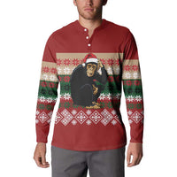 Chimpanzee Christmas Button Sweatshirt Chimpanzee Wearing Santa Hat - Red Green Snowflake - Wonder Print Shop