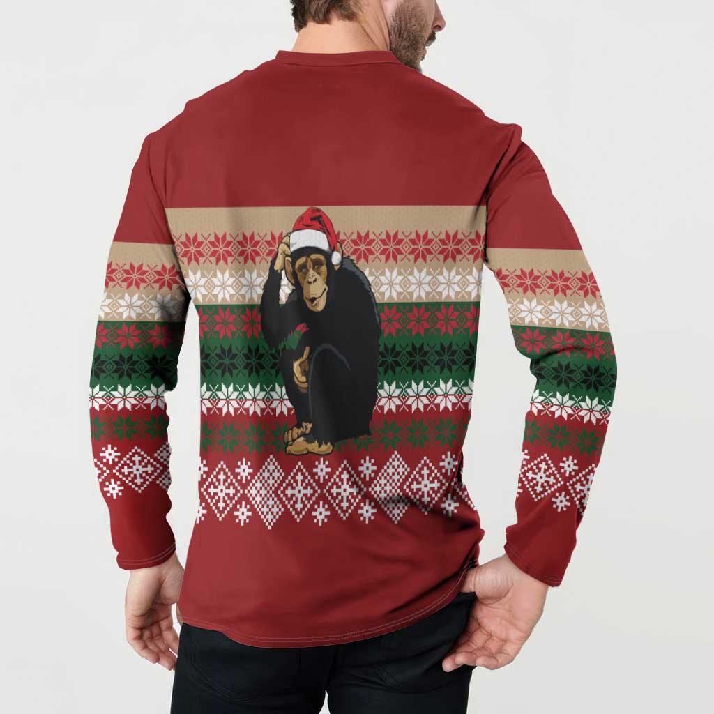 Chimpanzee Christmas Button Sweatshirt Chimpanzee Wearing Santa Hat - Red Green Snowflake - Wonder Print Shop