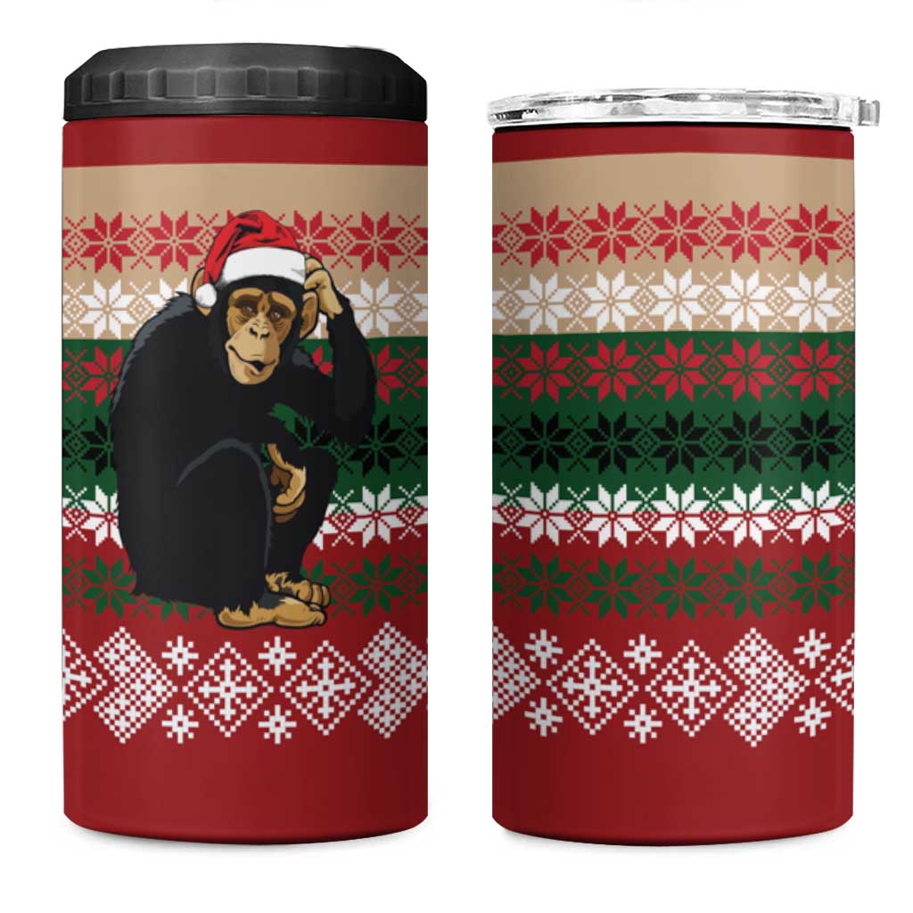 Chimpanzee Christmas 4 in 1 Can Cooler Tumbler Chimpanzee Wearing Santa Hat - Red Green Snowflake - Wonder Print Shop