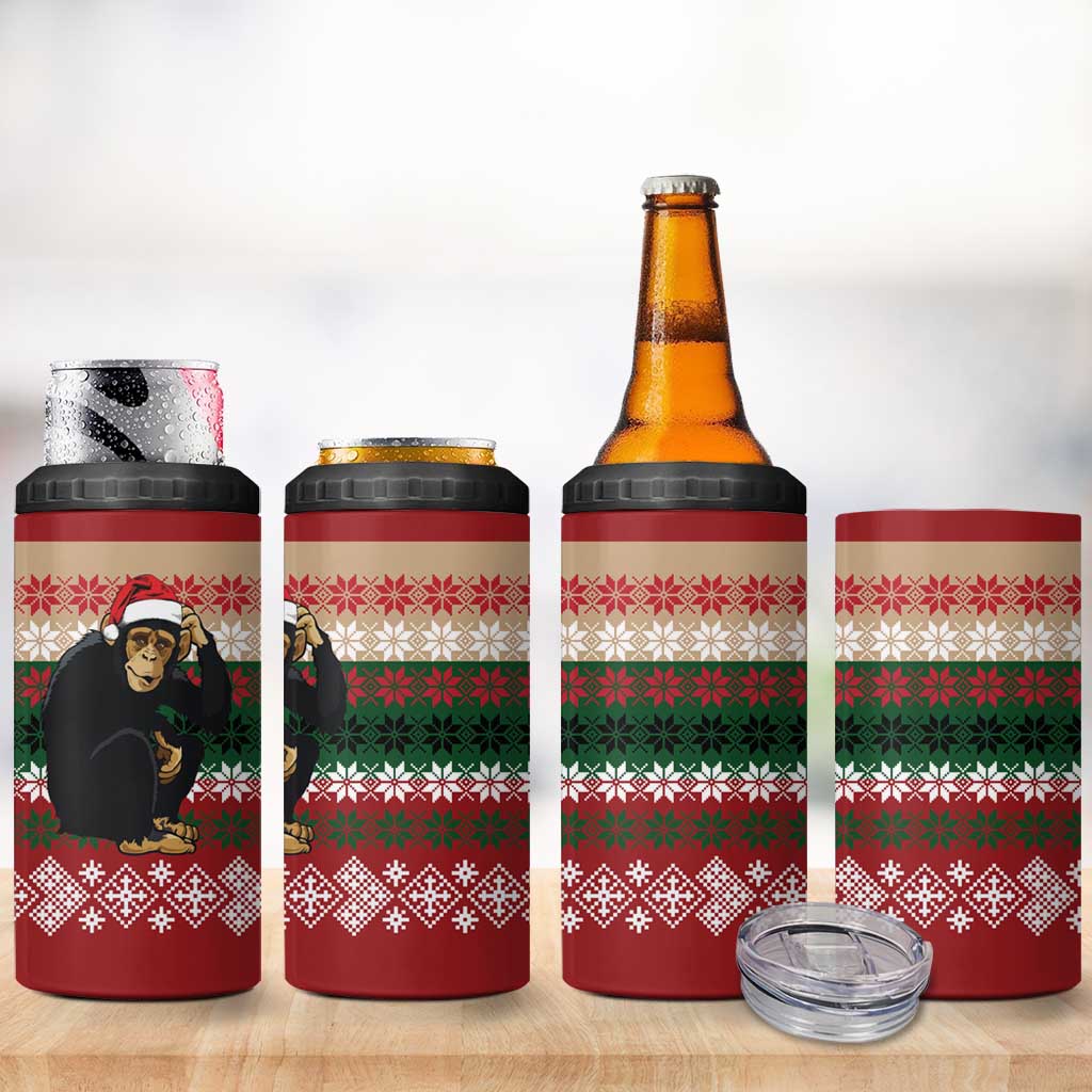 Chimpanzee Christmas 4 in 1 Can Cooler Tumbler Chimpanzee Wearing Santa Hat - Red Green Snowflake - Wonder Print Shop