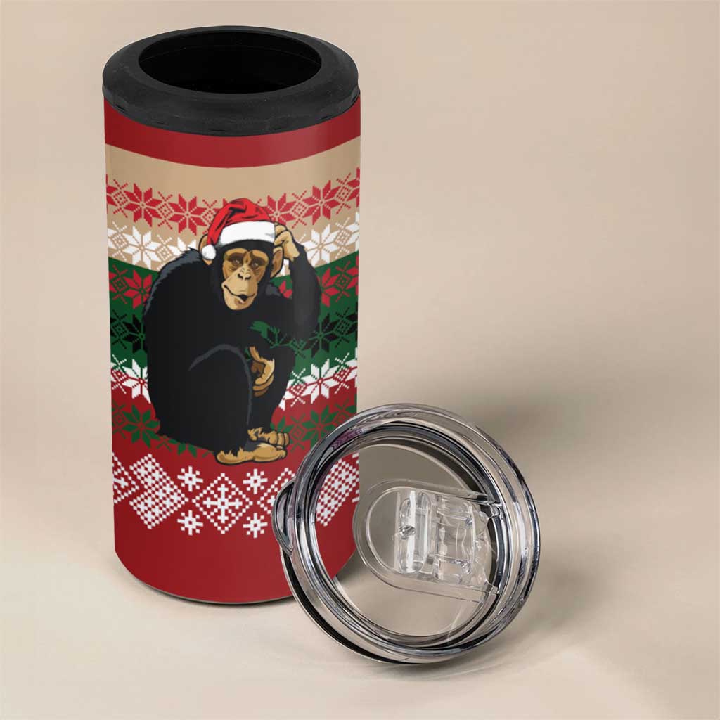 Chimpanzee Christmas 4 in 1 Can Cooler Tumbler Chimpanzee Wearing Santa Hat - Red Green Snowflake - Wonder Print Shop