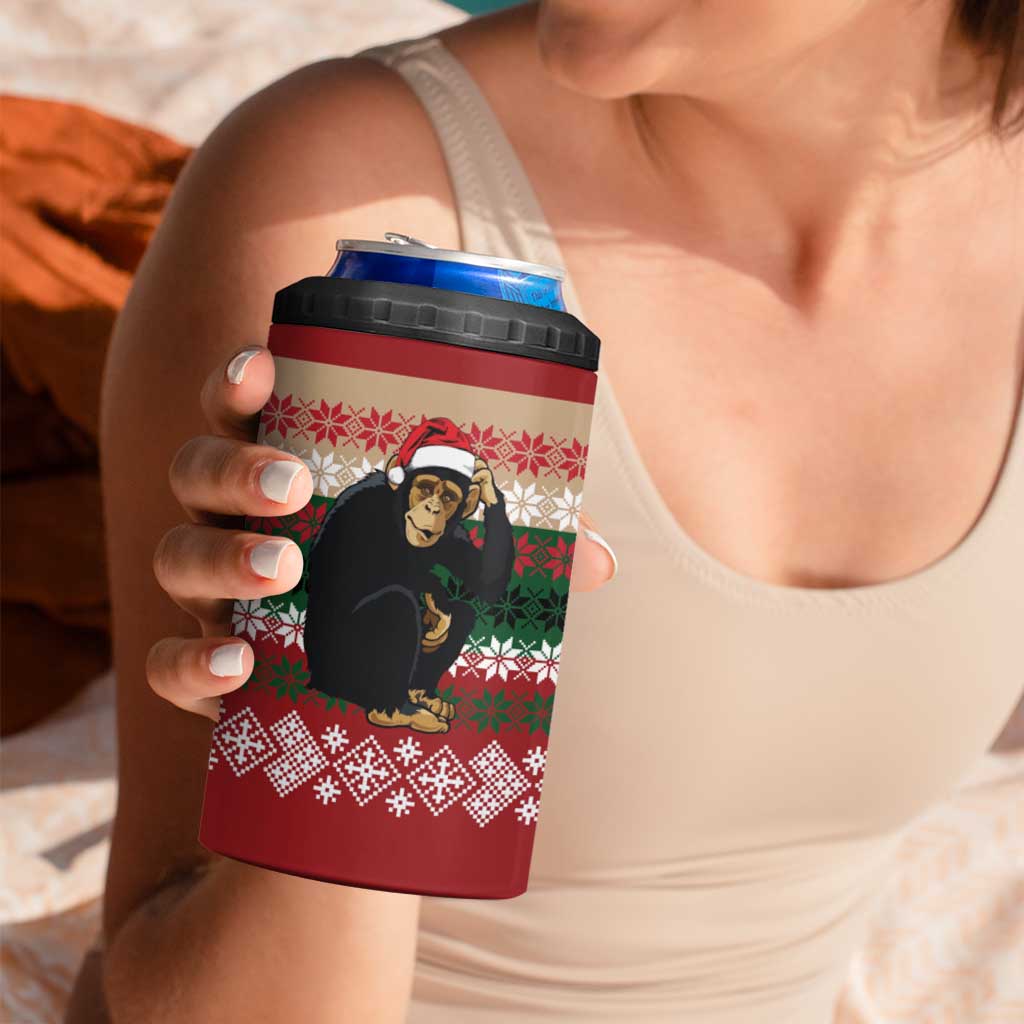 Chimpanzee Christmas 4 in 1 Can Cooler Tumbler Chimpanzee Wearing Santa Hat - Red Green Snowflake - Wonder Print Shop