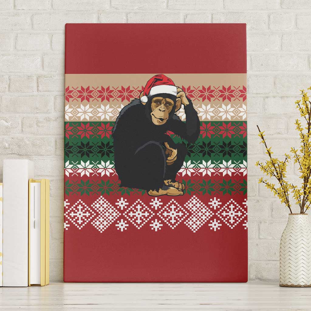 Chimpanzee Christmas Canvas Wall Art Chimpanzee Wearing Santa Hat - Red Green Snowflake - Wonder Print Shop
