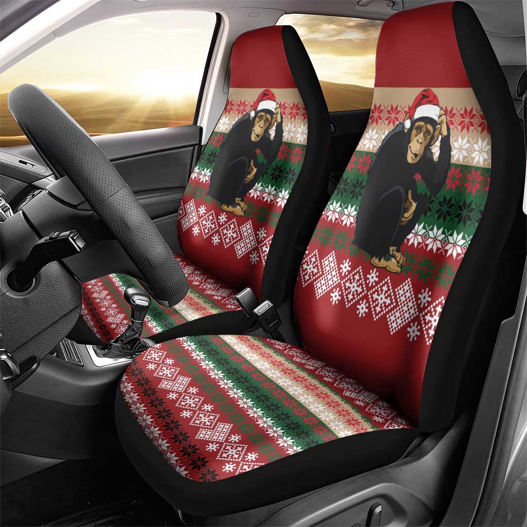 Chimpanzee Christmas Car Seat Cover Chimpanzee Wearing Santa Hat - Red Green Snowflake - Wonder Print Shop