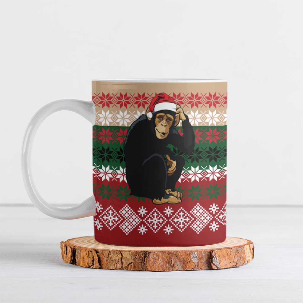 Chimpanzee Christmas Ceramic Mug Chimpanzee Wearing Santa Hat - Red Green Snowflake - Wonder Print Shop