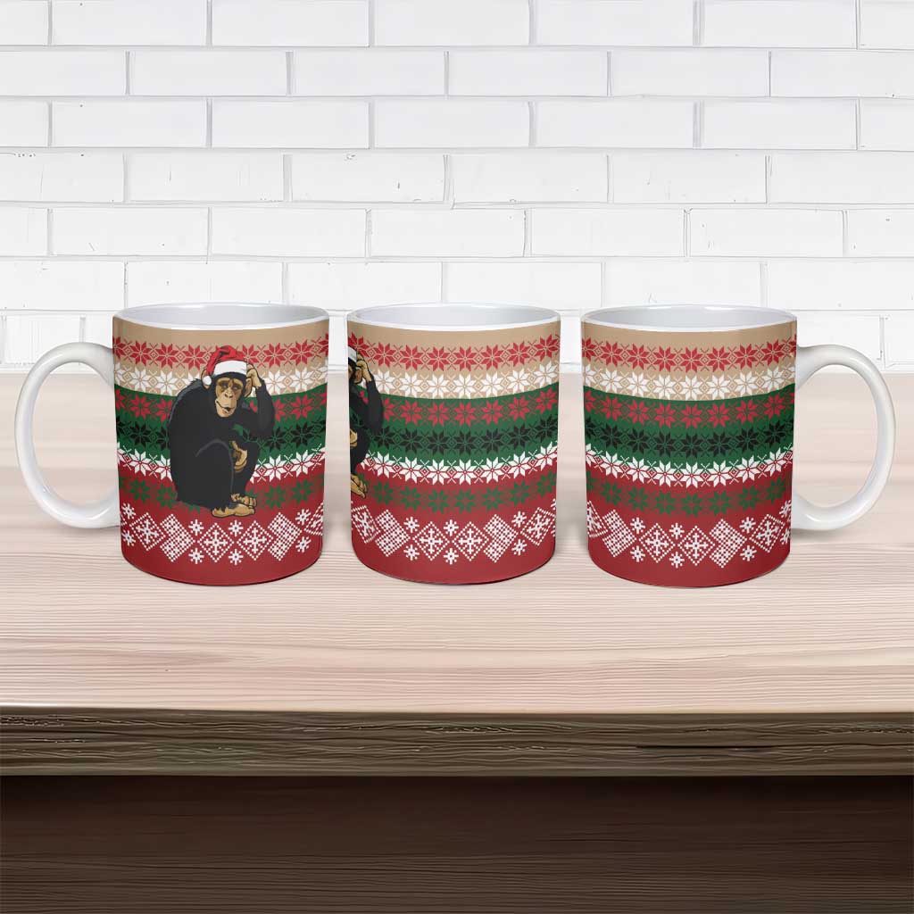 Chimpanzee Christmas Ceramic Mug Chimpanzee Wearing Santa Hat - Red Green Snowflake - Wonder Print Shop