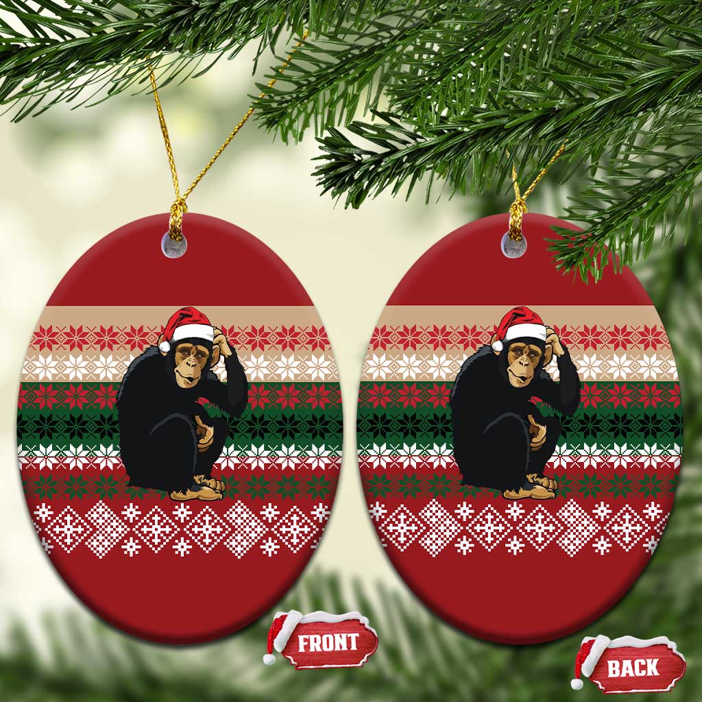 Chimpanzee Christmas Ceramic Ornament Chimpanzee Wearing Santa Hat - Red Green Snowflake - Wonder Print Shop