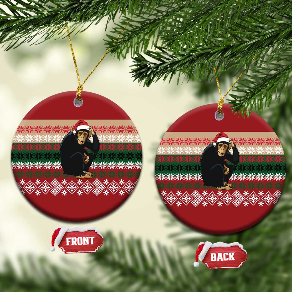 Chimpanzee Christmas Ceramic Ornament Chimpanzee Wearing Santa Hat - Red Green Snowflake - Wonder Print Shop