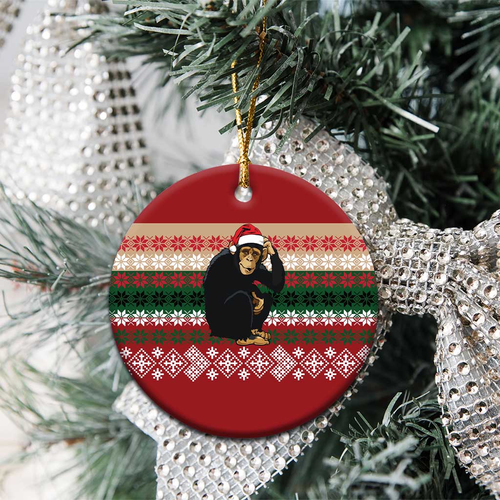 Chimpanzee Christmas Ceramic Ornament Chimpanzee Wearing Santa Hat - Red Green Snowflake - Wonder Print Shop