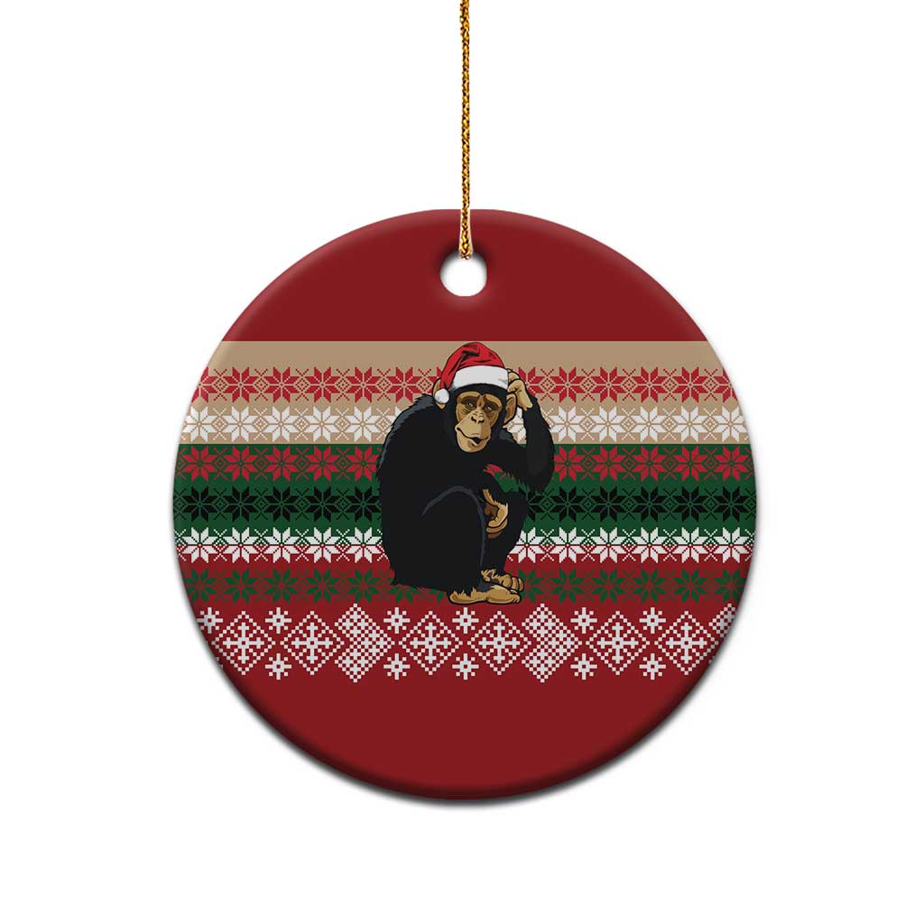Chimpanzee Christmas Ceramic Ornament Chimpanzee Wearing Santa Hat - Red Green Snowflake - Wonder Print Shop