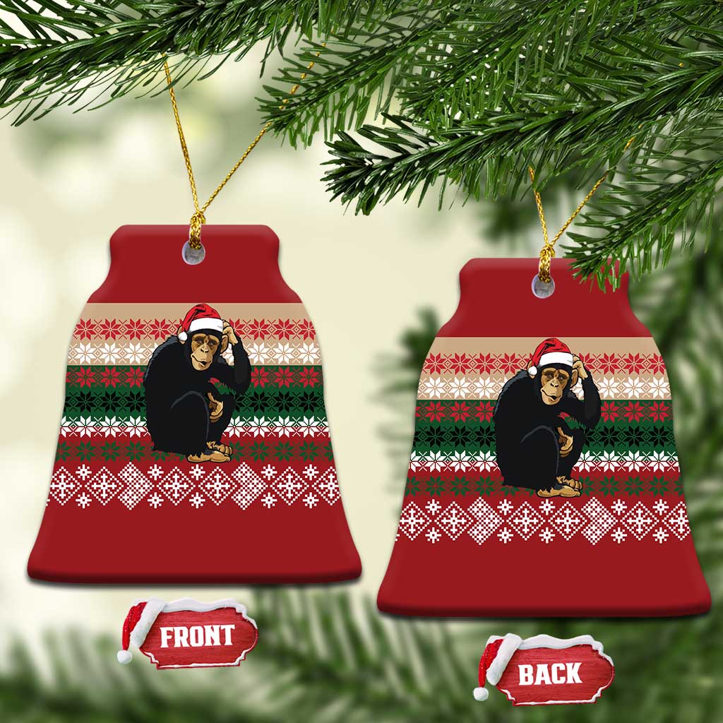 Chimpanzee Christmas Ceramic Ornament Chimpanzee Wearing Santa Hat - Red Green Snowflake - Wonder Print Shop