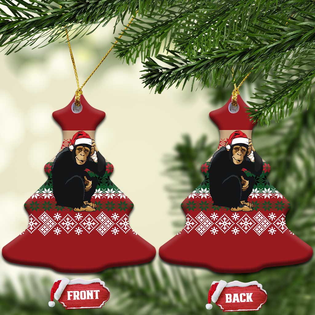 Chimpanzee Christmas Ceramic Ornament Chimpanzee Wearing Santa Hat - Red Green Snowflake - Wonder Print Shop