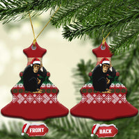 Chimpanzee Christmas Ceramic Ornament Chimpanzee Wearing Santa Hat - Red Green Snowflake - Wonder Print Shop