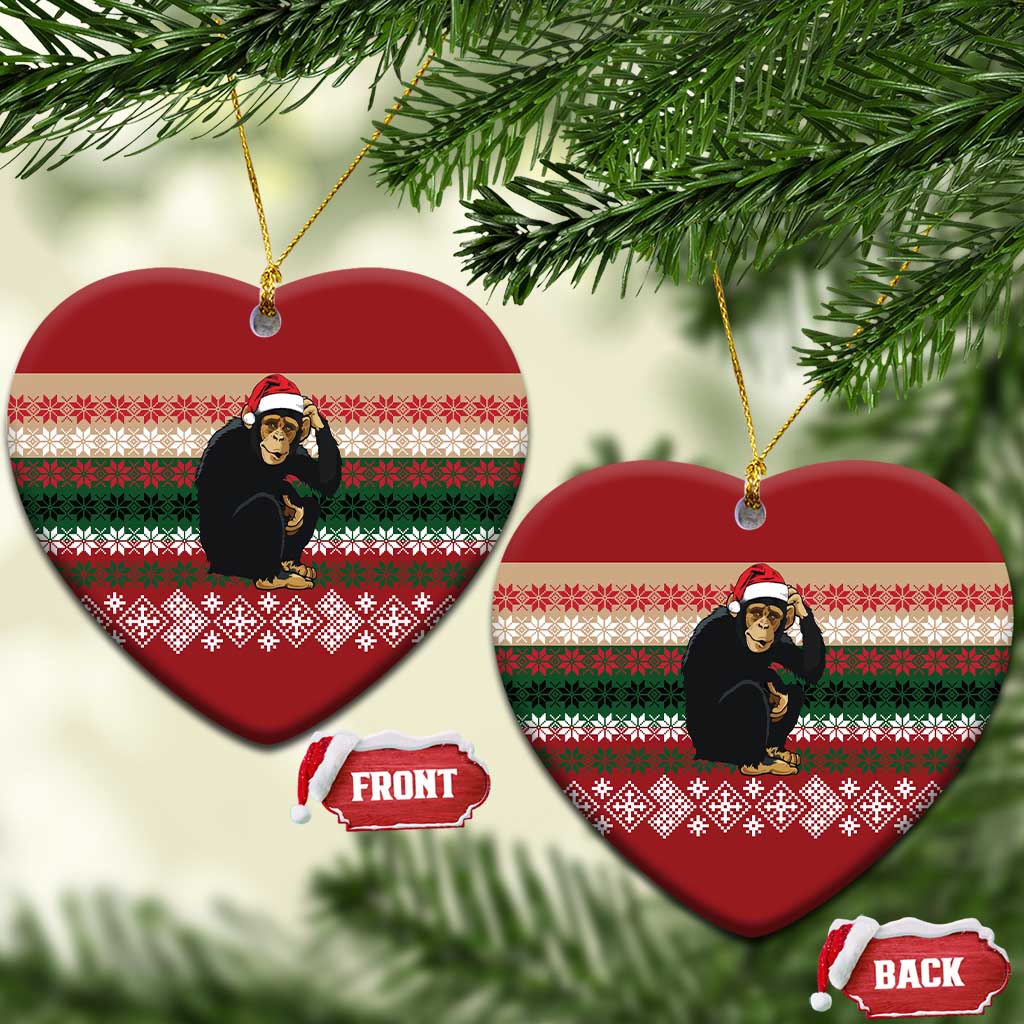 Chimpanzee Christmas Ceramic Ornament Chimpanzee Wearing Santa Hat - Red Green Snowflake - Wonder Print Shop