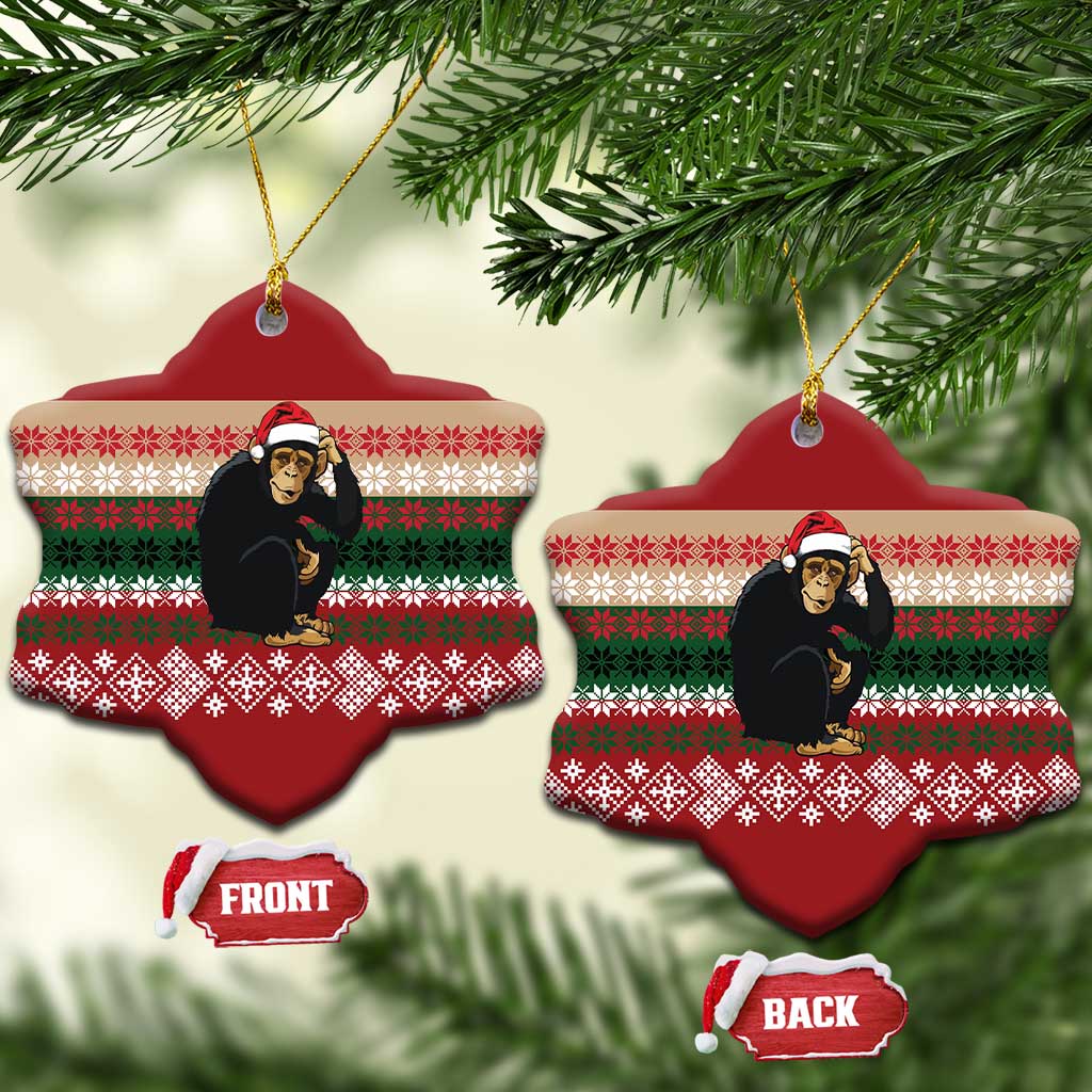 Chimpanzee Christmas Ceramic Ornament Chimpanzee Wearing Santa Hat - Red Green Snowflake - Wonder Print Shop