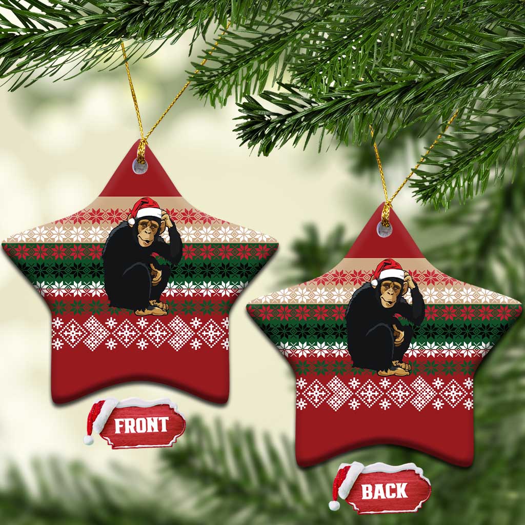 Chimpanzee Christmas Ceramic Ornament Chimpanzee Wearing Santa Hat - Red Green Snowflake - Wonder Print Shop