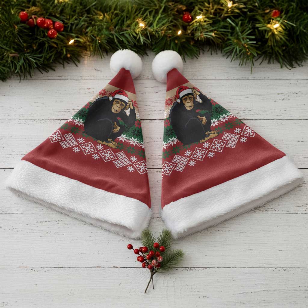 Chimpanzee Christmas Santa Hat Chimpanzee Wearing Santa Hat - Red Green Snowflake - Wonder Print Shop