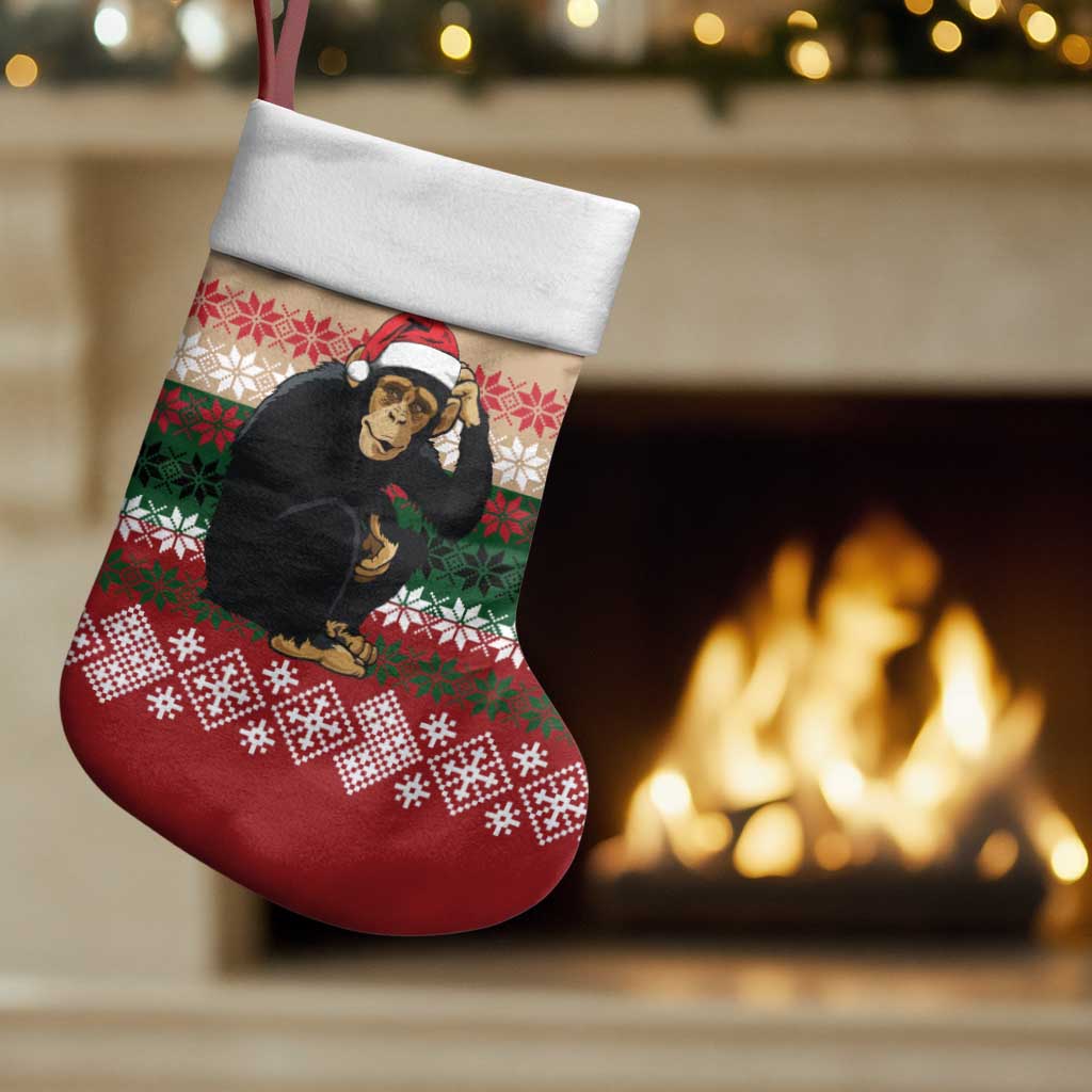 Chimpanzee Christmas Stocking Chimpanzee Wearing Santa Hat - Red Green Snowflake - Wonder Print Shop
