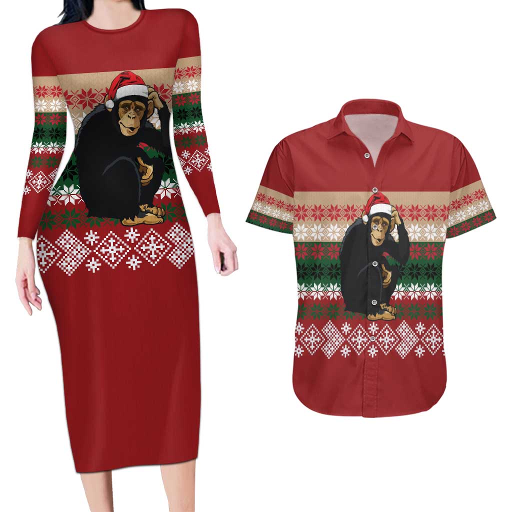 Chimpanzee Christmas Couples Matching Long Sleeve Bodycon Dress and Hawaiian Shirt Chimpanzee Wearing Santa Hat - Red Green Snowflake - Wonder Print Shop