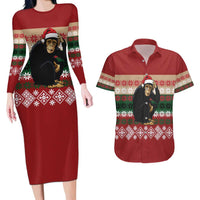 Chimpanzee Christmas Couples Matching Long Sleeve Bodycon Dress and Hawaiian Shirt Chimpanzee Wearing Santa Hat - Red Green Snowflake - Wonder Print Shop