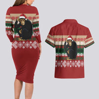 Chimpanzee Christmas Couples Matching Long Sleeve Bodycon Dress and Hawaiian Shirt Chimpanzee Wearing Santa Hat - Red Green Snowflake - Wonder Print Shop