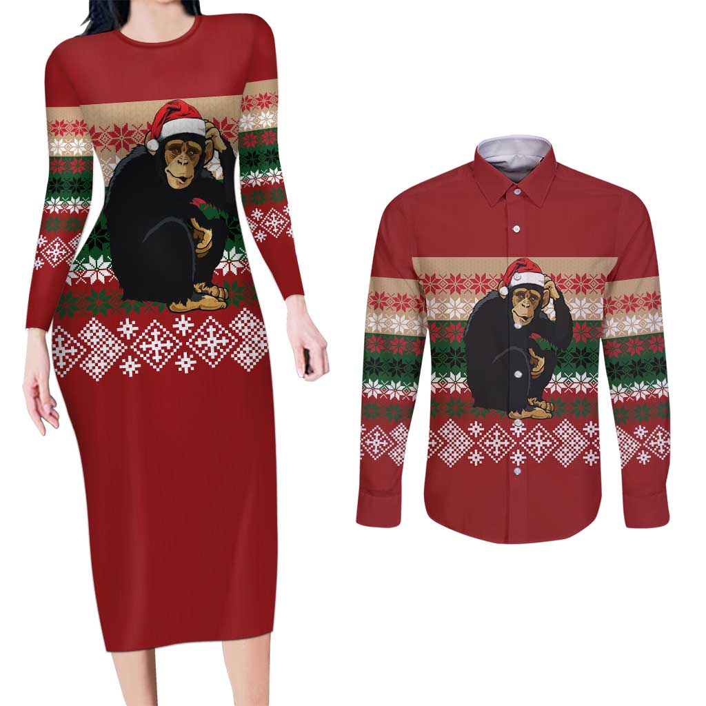 Chimpanzee Christmas Couples Matching Long Sleeve Bodycon Dress and Long Sleeve Button Shirt Chimpanzee Wearing Santa Hat - Red Green Snowflake - Wonder Print Shop