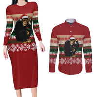 Chimpanzee Christmas Couples Matching Long Sleeve Bodycon Dress and Long Sleeve Button Shirt Chimpanzee Wearing Santa Hat - Red Green Snowflake - Wonder Print Shop