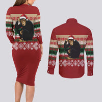 Chimpanzee Christmas Couples Matching Long Sleeve Bodycon Dress and Long Sleeve Button Shirt Chimpanzee Wearing Santa Hat - Red Green Snowflake - Wonder Print Shop