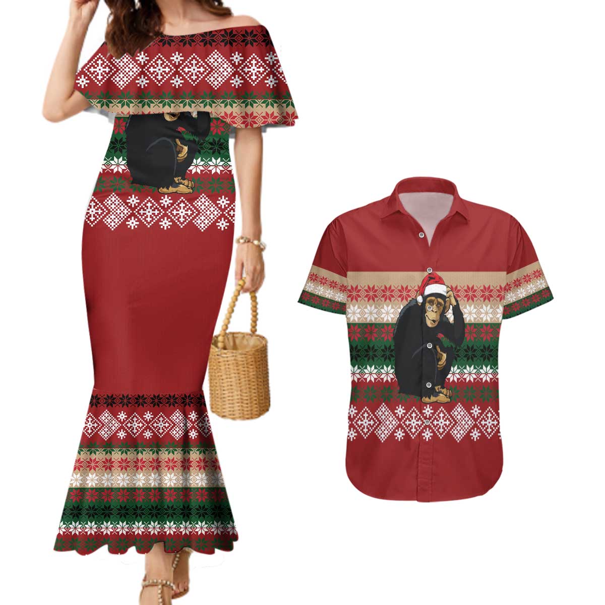 Chimpanzee Christmas Couples Matching Mermaid Dress and Hawaiian Shirt Chimpanzee Wearing Santa Hat - Red Green Snowflake - Wonder Print Shop