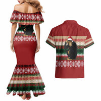 Chimpanzee Christmas Couples Matching Mermaid Dress and Hawaiian Shirt Chimpanzee Wearing Santa Hat - Red Green Snowflake - Wonder Print Shop